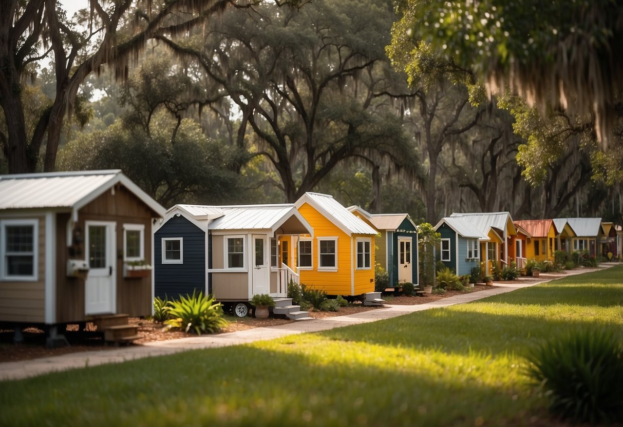 A sunny day in Ocala, Florida, with rows of colorful tiny homes nestled among lush greenery in a community setting