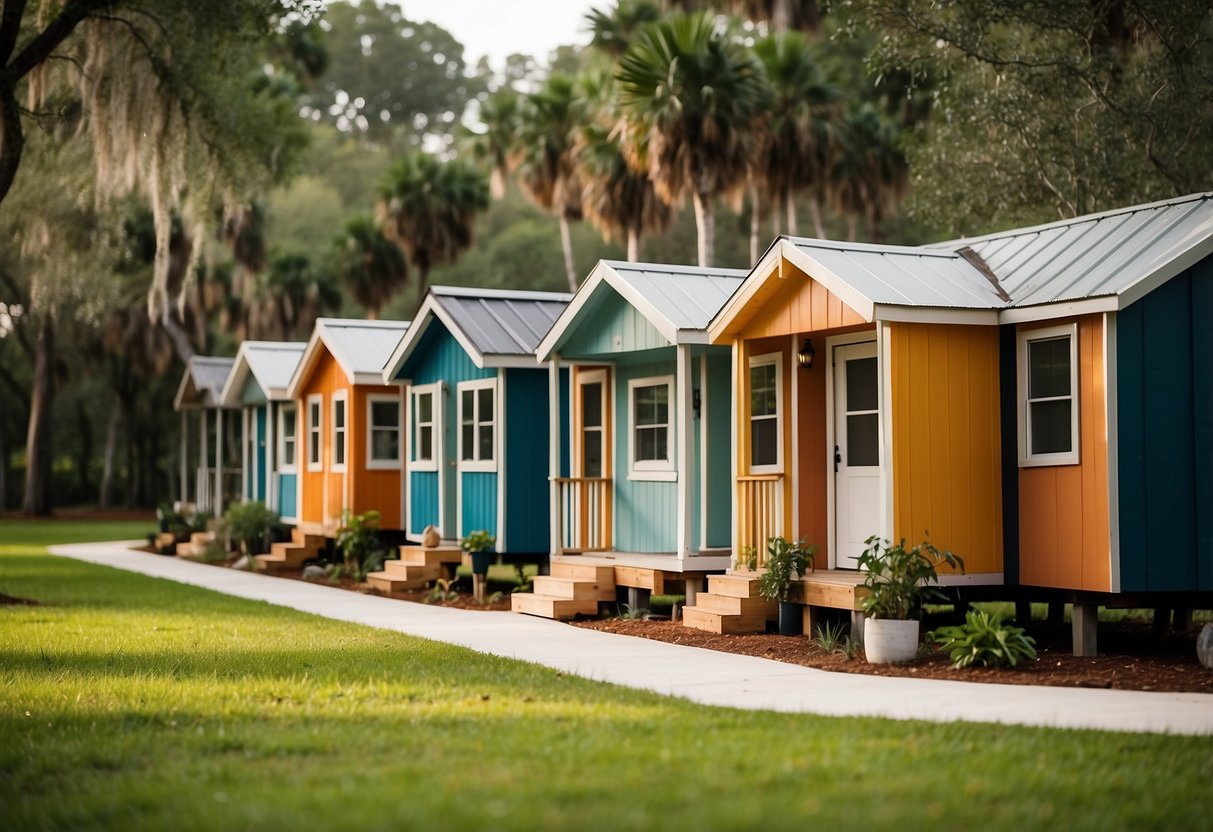 A cluster of colorful tiny homes nestled among lush greenery in an Ocala, FL community, with a central gathering space and communal amenities