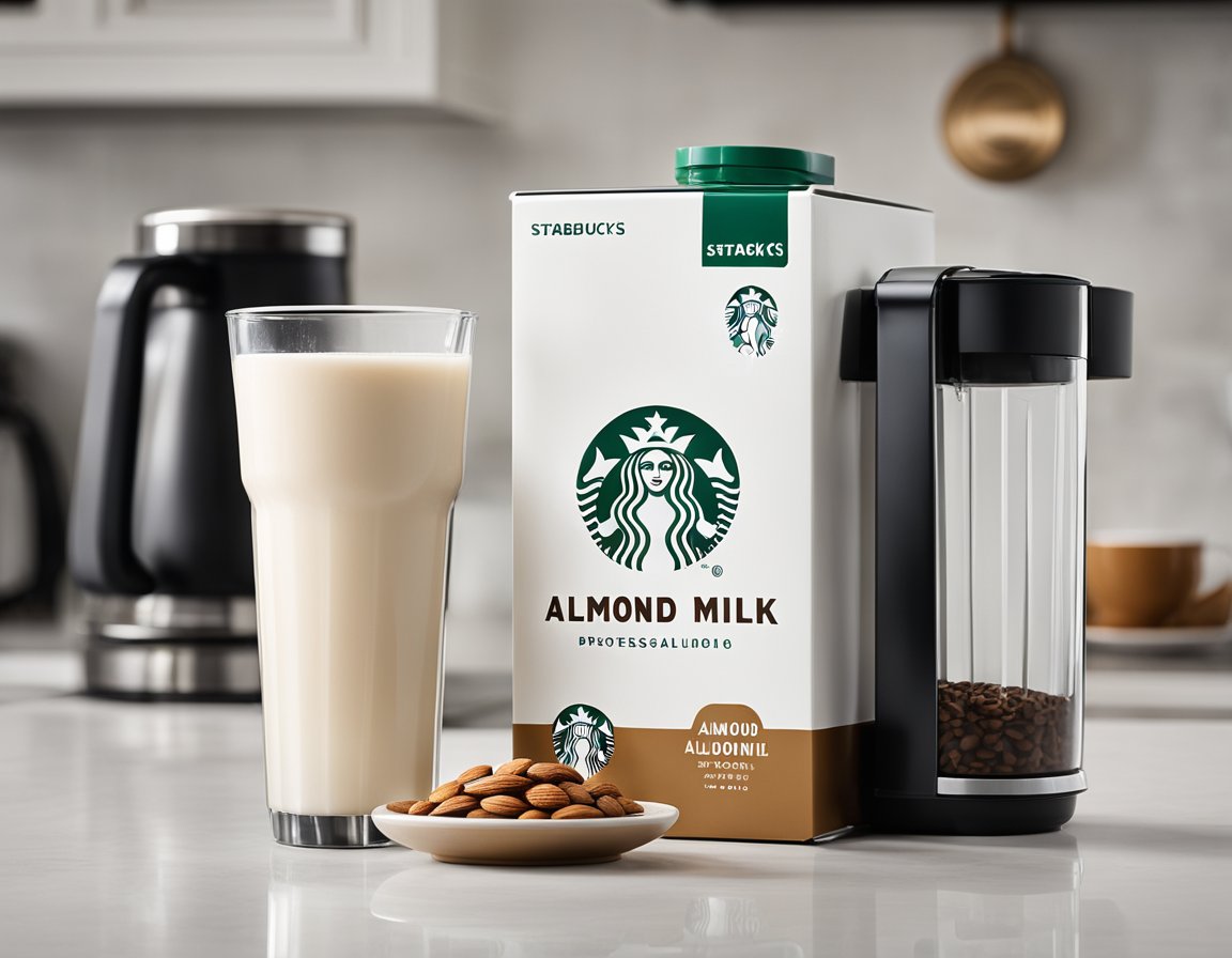 A carton of almond milk sits on a clean, white countertop, next to a frothing pitcher and espresso machine. The Starbucks logo is prominently displayed on the packaging
