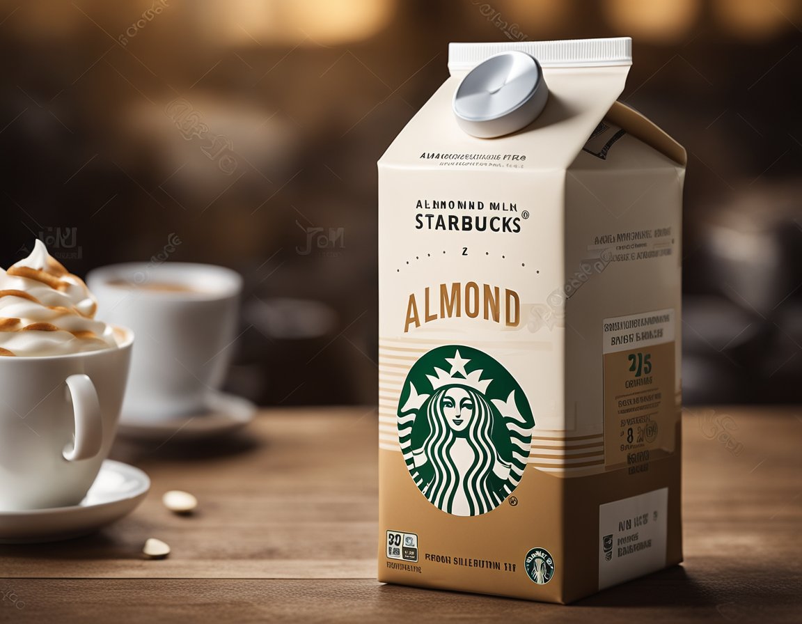 A Starbucks almond milk carton sits on a wooden table, surrounded by coffee cups and a frother. The logo is prominently displayed on the carton