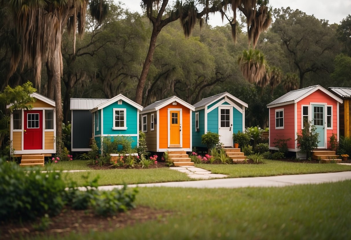 A cluster of colorful tiny homes nestled among lush greenery in Ocala, Florida. A community garden and communal gathering space add charm to the scene