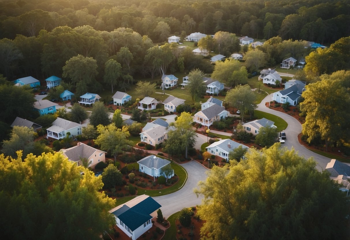 Aerial view of Ocala's tiny home communities, nestled among lush greenery and winding pathways, with colorful homes and communal spaces