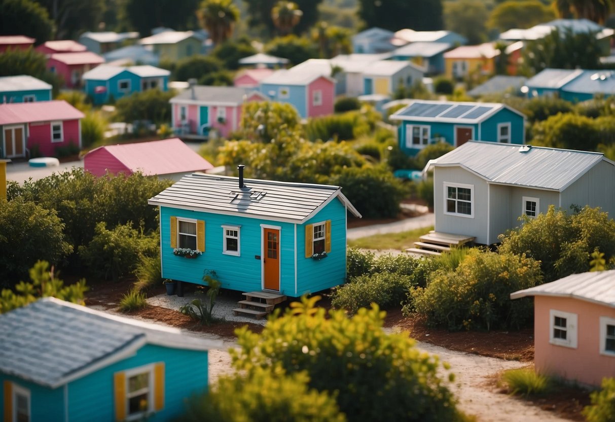 Residents in Ocala's tiny home communities navigate narrow paths between colorful, compact houses. A communal garden bustles with activity, while solar panels glisten in the Florida sun