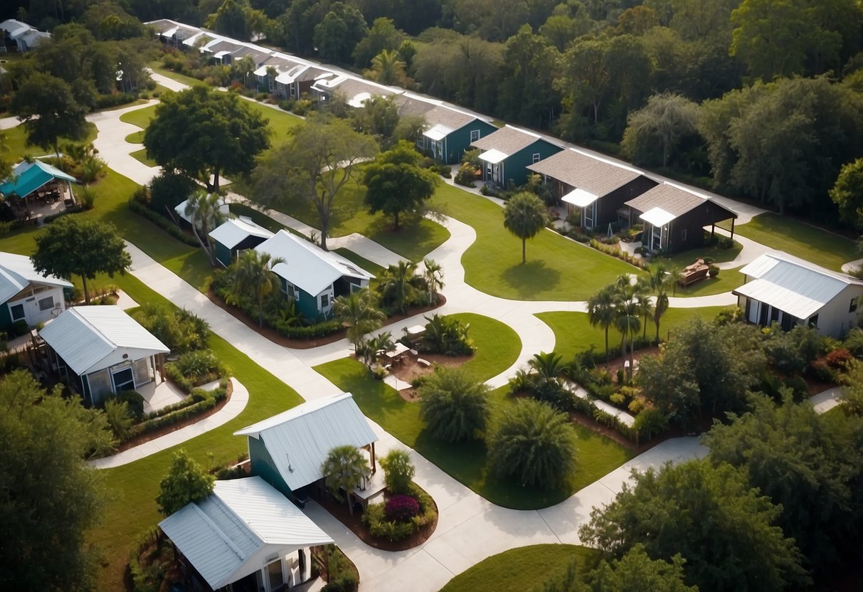 Aerial view of a cluster of tiny homes surrounded by lush greenery in Ocala, Florida. Community center and communal spaces visible