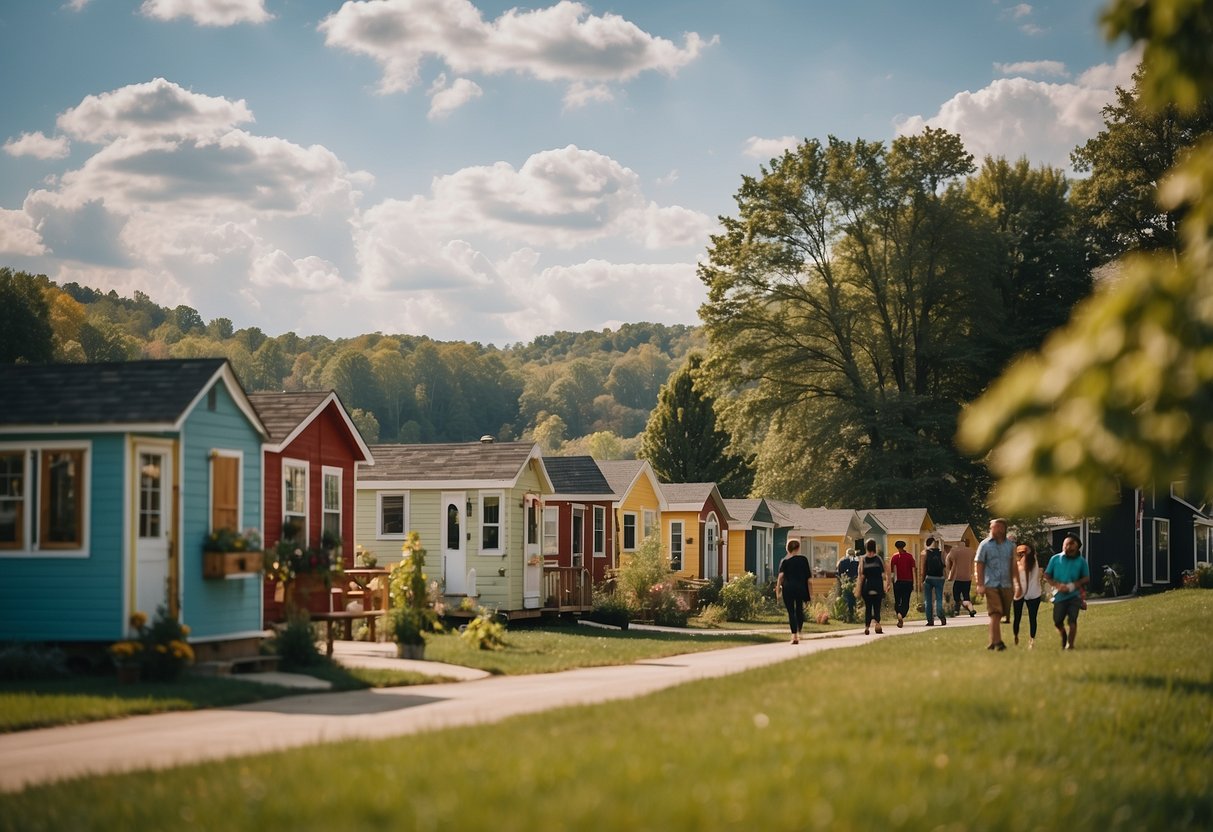 People wander through Ohio tiny home communities, nestled among trees and rolling hills. Colorful, compact houses dot the landscape, surrounded by communal gardens and gathering spaces