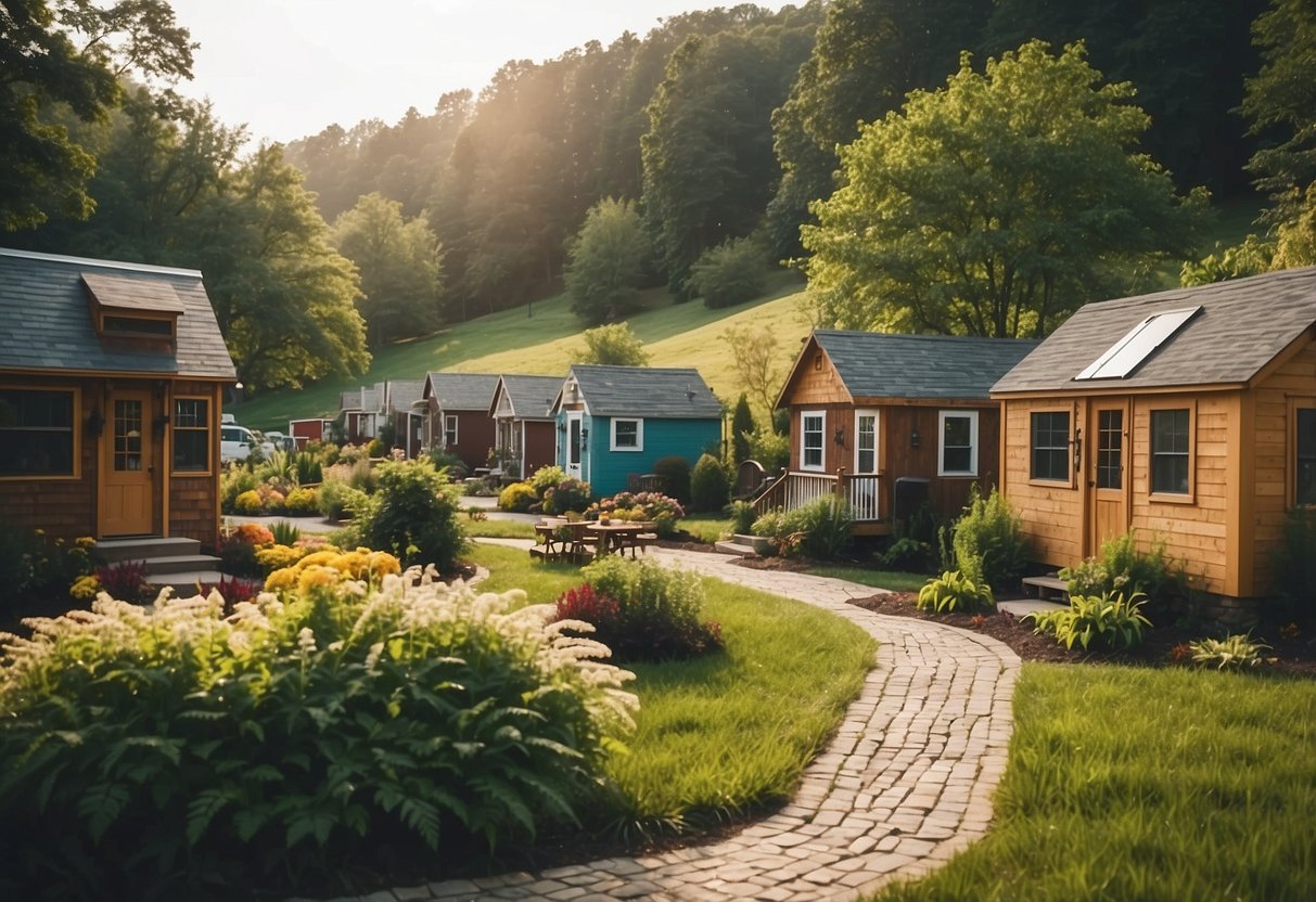 A cozy tiny home community nestled in the rolling hills of Ohio, with communal gardens, walking paths, and a vibrant sense of community