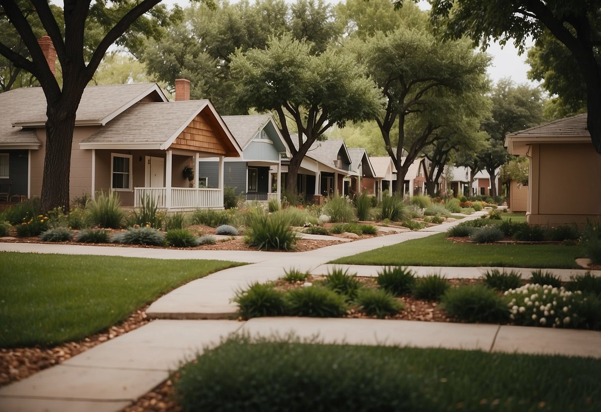 Small houses clustered in OKC, surrounded by trees and green spaces, with communal areas for socializing and gardening