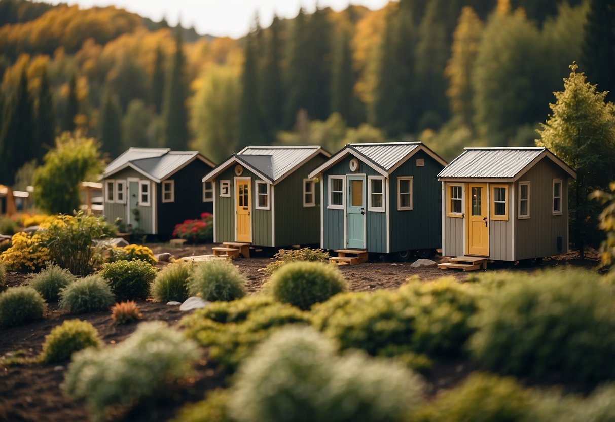 Several tiny homes clustered together in a community setting, surrounded by greenery and communal spaces