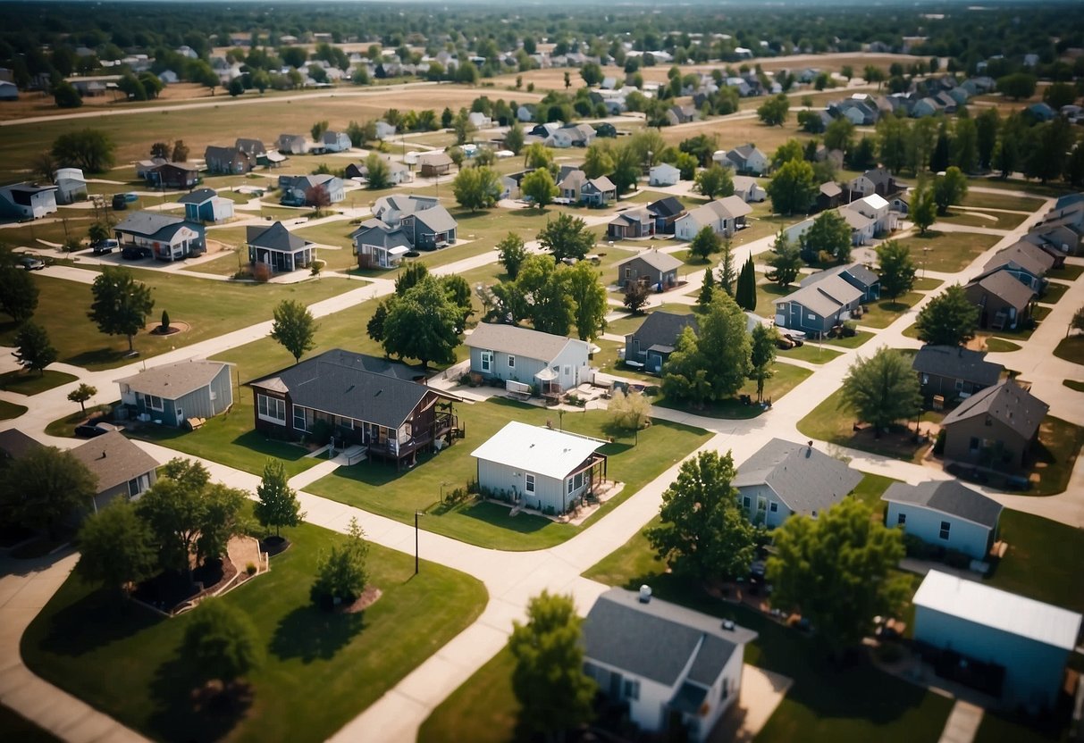 Aerial view of tiny home communities in OKC with modern designs, green spaces, and community amenities