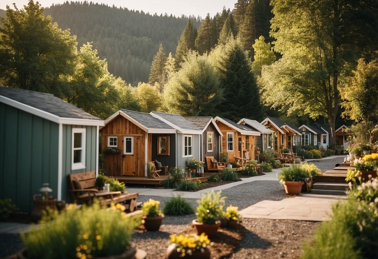 A group of tiny homes nestled in a cozy community, surrounded by lush greenery and communal gathering spaces