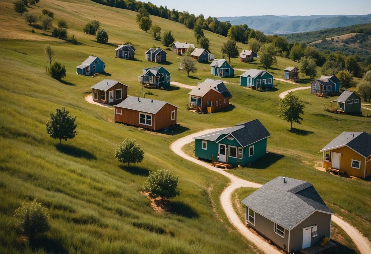 A cluster of tiny homes nestled among the rolling hills of Oklahoma, with colorful exteriors and communal green spaces