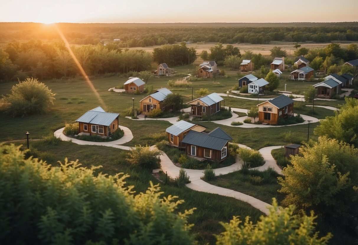A cluster of tiny homes nestled in a serene Oklahoma landscape, with communal areas and green spaces