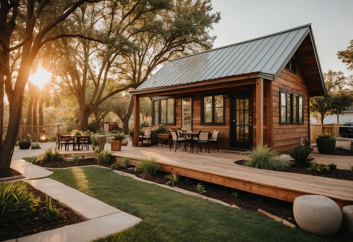 The tiny home community in Oklahoma features lush greenery, communal gathering spaces, and modern amenities like a shared clubhouse and outdoor recreation areas