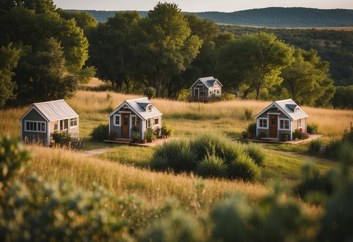 A cluster of tiny homes nestled in the Oklahoma countryside, with communal areas and gardens, surrounded by rolling hills and serene natural beauty