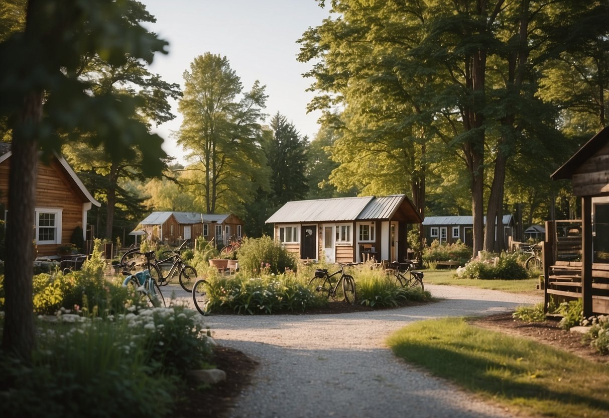 Small homes nestled among trees in Ontario. Community garden, bike racks, and communal gathering spaces. Peaceful, close-knit atmosphere