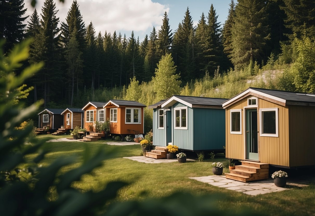 A cluster of tiny homes nestled in a serene Ontario landscape, with a central communal area and lush greenery surrounding the homes