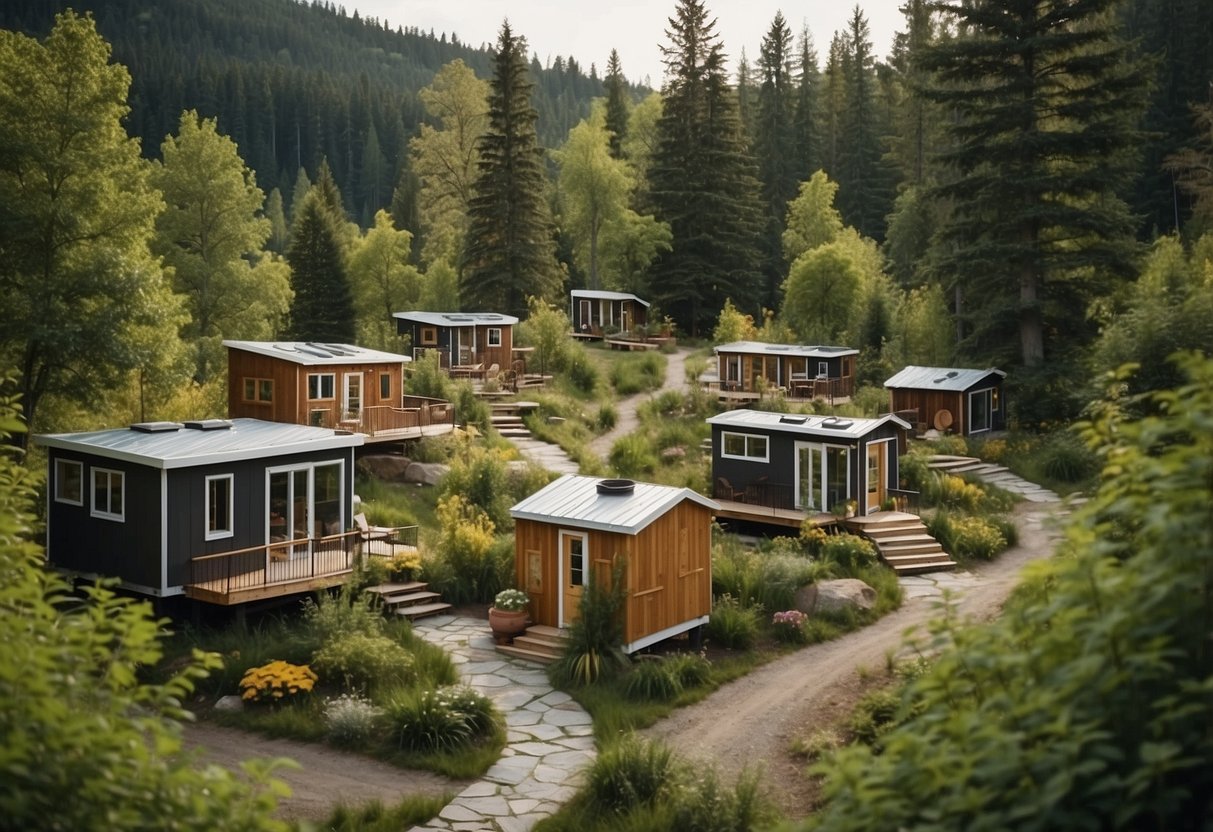 A cluster of tiny homes nestled in a lush Ontario landscape, with winding pathways and communal spaces for residents to gather and connect