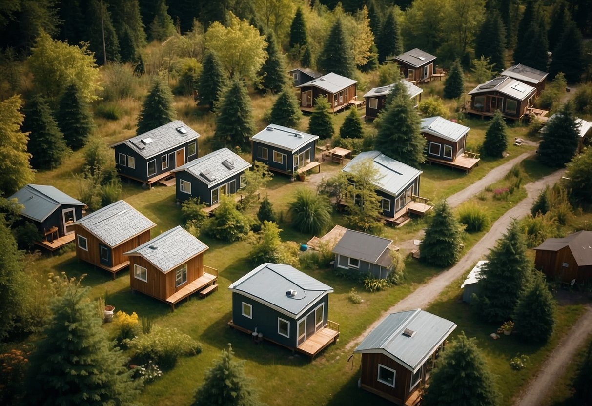 A cluster of tiny homes nestled in a lush Ontario landscape, with a central gathering area and communal amenities for residents