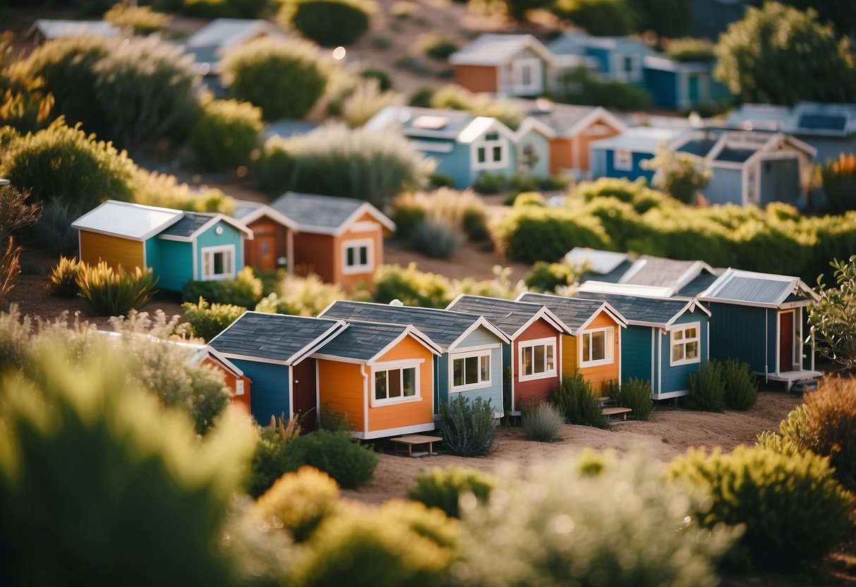 A cluster of colorful tiny homes nestled among lush greenery in an Orange County community