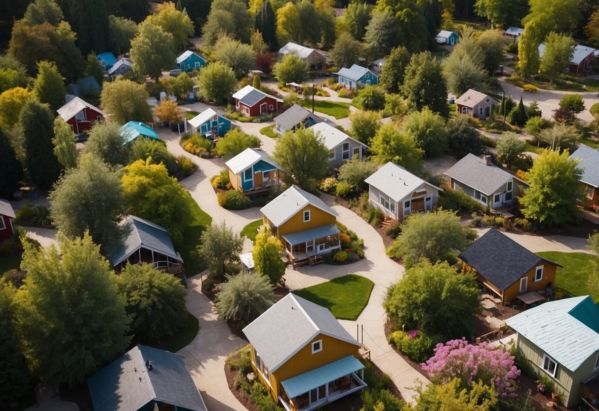 Aerial view of colorful tiny homes nestled among trees in a community setting with communal gardens and gathering spaces