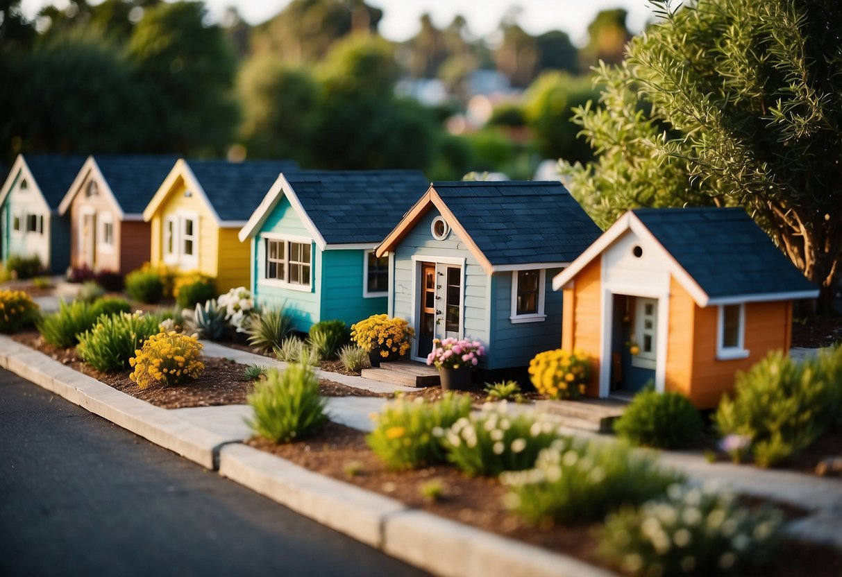 A cluster of colorful tiny homes nestled among lush greenery in an orange county community