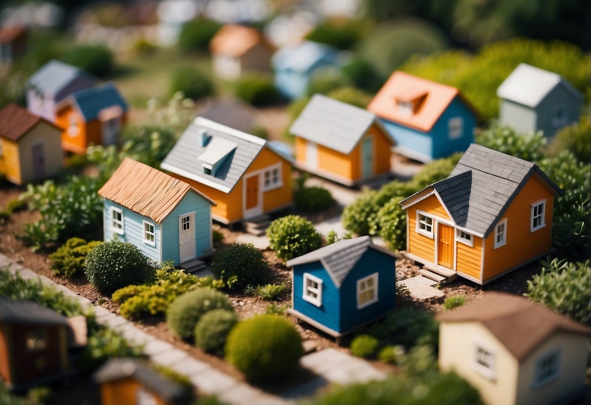 A cluster of colorful tiny homes nestled among lush greenery in an Orange County community, with a central gathering area and small pathways connecting the homes