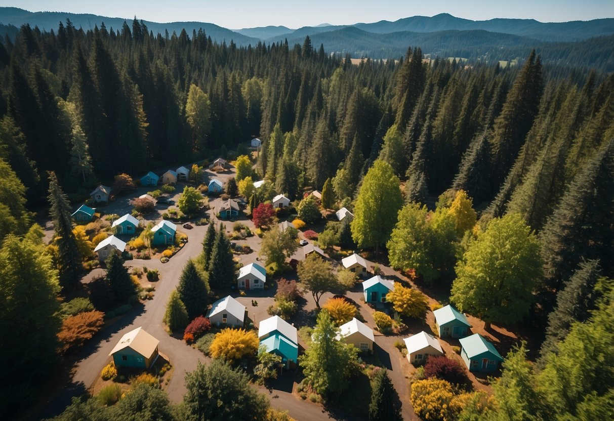Aerial view of colorful tiny homes nestled among lush green trees in a serene Oregon community