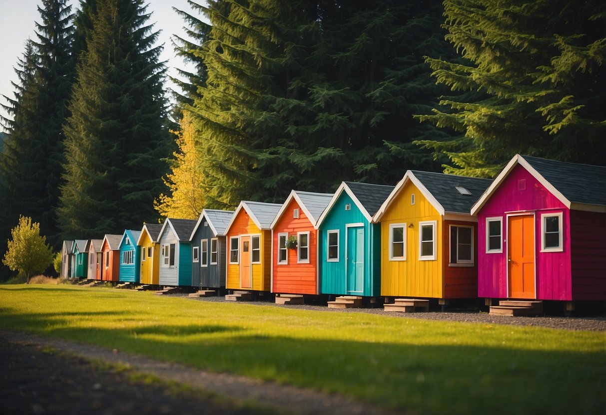 A row of colorful tiny homes nestled among lush green trees in a serene Oregon community