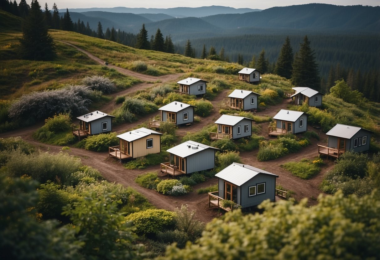 A cluster of tiny homes nestled in a lush Oregon landscape, with communal gathering spaces and winding pathways