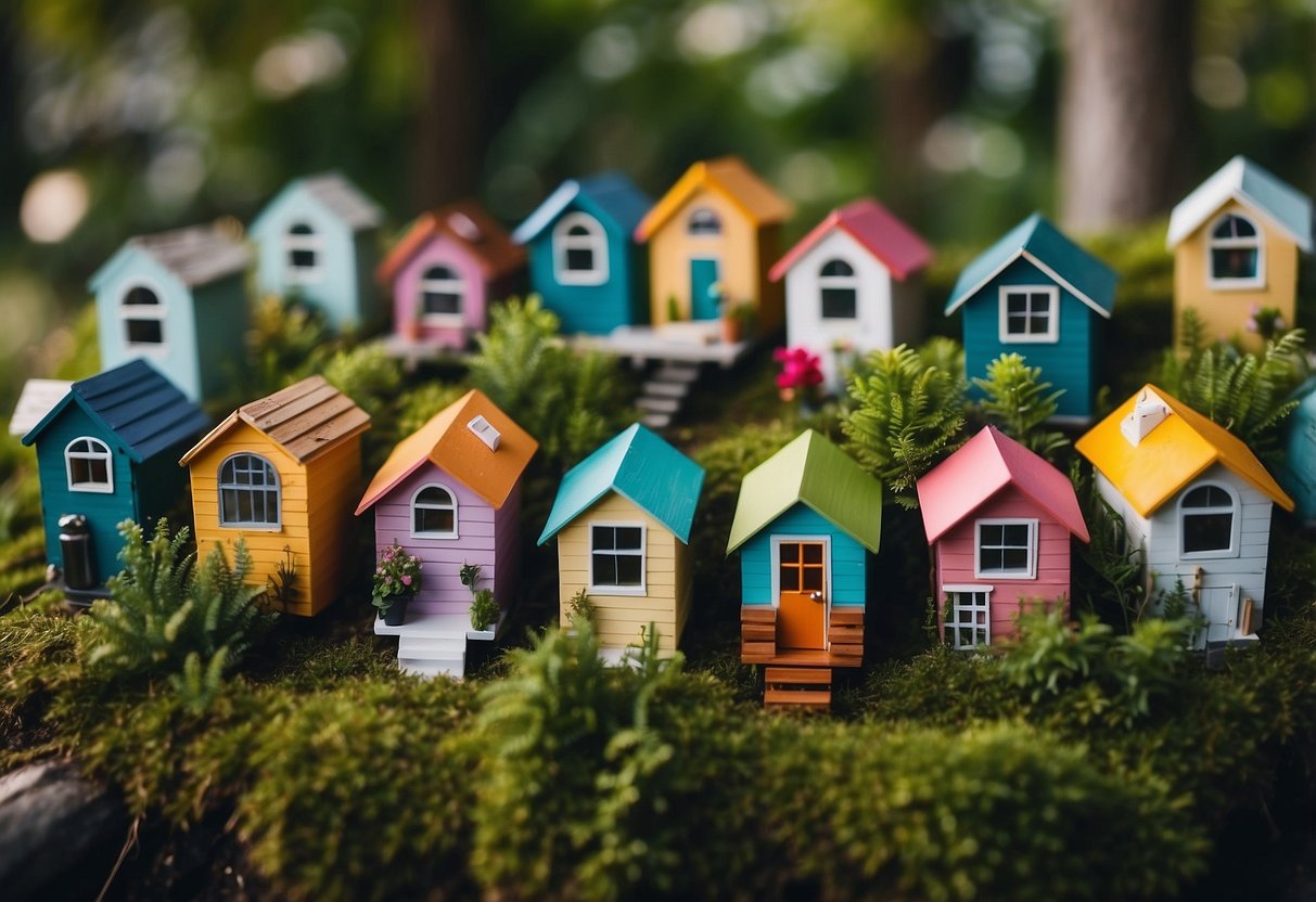 A cluster of colorful tiny homes nestled among lush greenery in an Orlando, Florida community