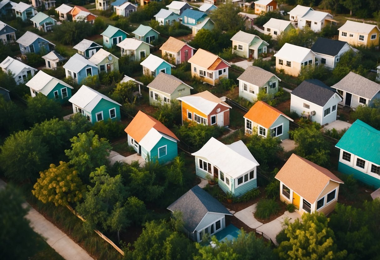 Aerial view of colorful tiny houses nestled among lush greenery in Orlando's tiny home communities