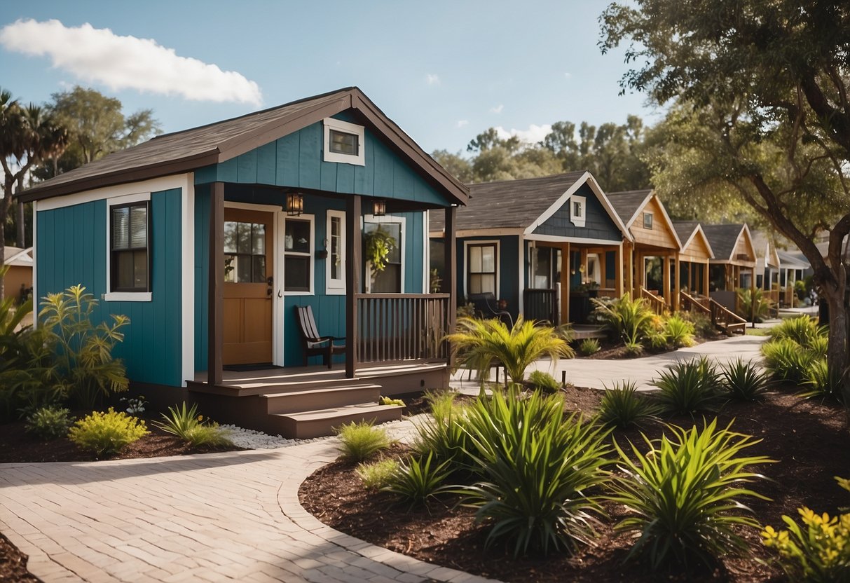 A bustling tiny home community in Orlando, Florida, featuring vibrant amenities like a communal garden, outdoor seating areas, and a lively community center