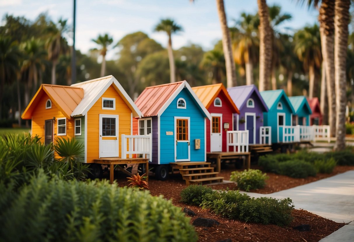 A cluster of colorful tiny homes surrounded by palm trees in an Orlando, Florida community. A sign reading "Frequently Asked Questions" is visible