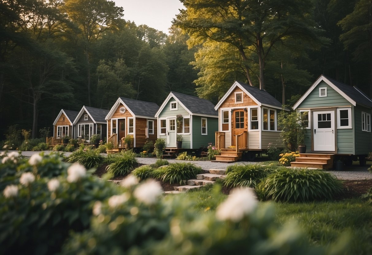 A cluster of cozy tiny homes nestled among lush green trees in a serene Pennsylvania community
