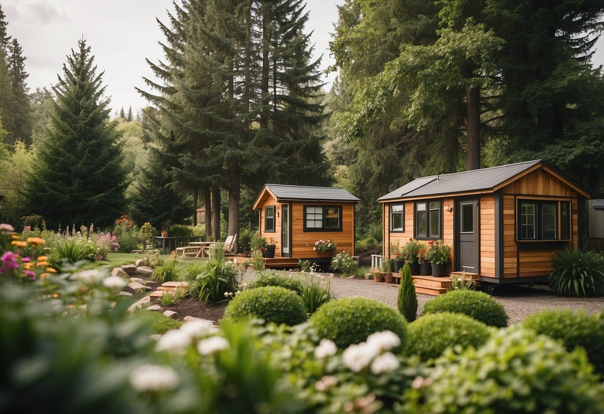 A cluster of tiny homes nestled among lush green trees, with communal spaces and gardens, showcasing a sense of community and sustainable living