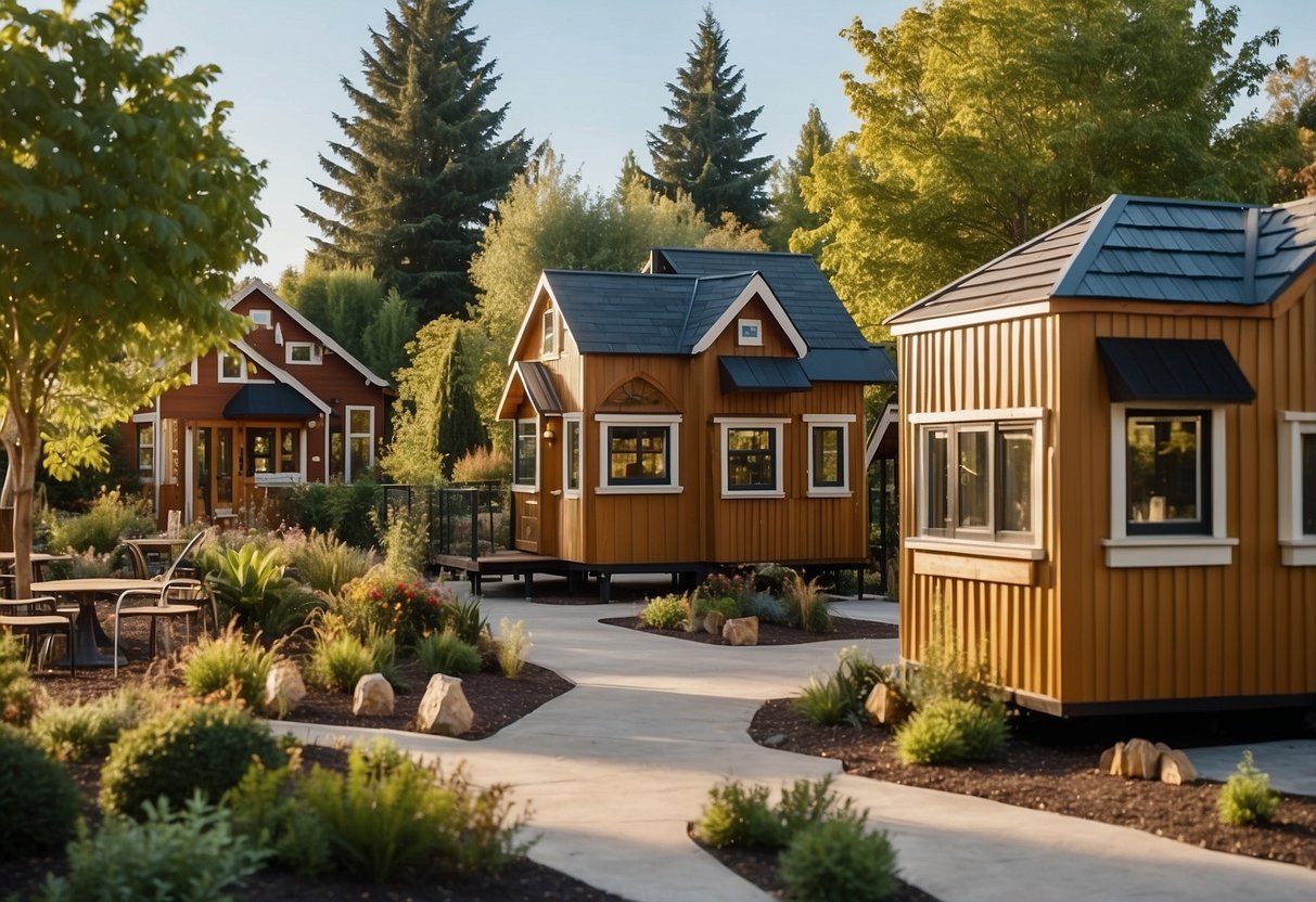 A cluster of cozy tiny homes nestled among lush greenery, with communal gardens, a central gathering area, and a small playground for residents