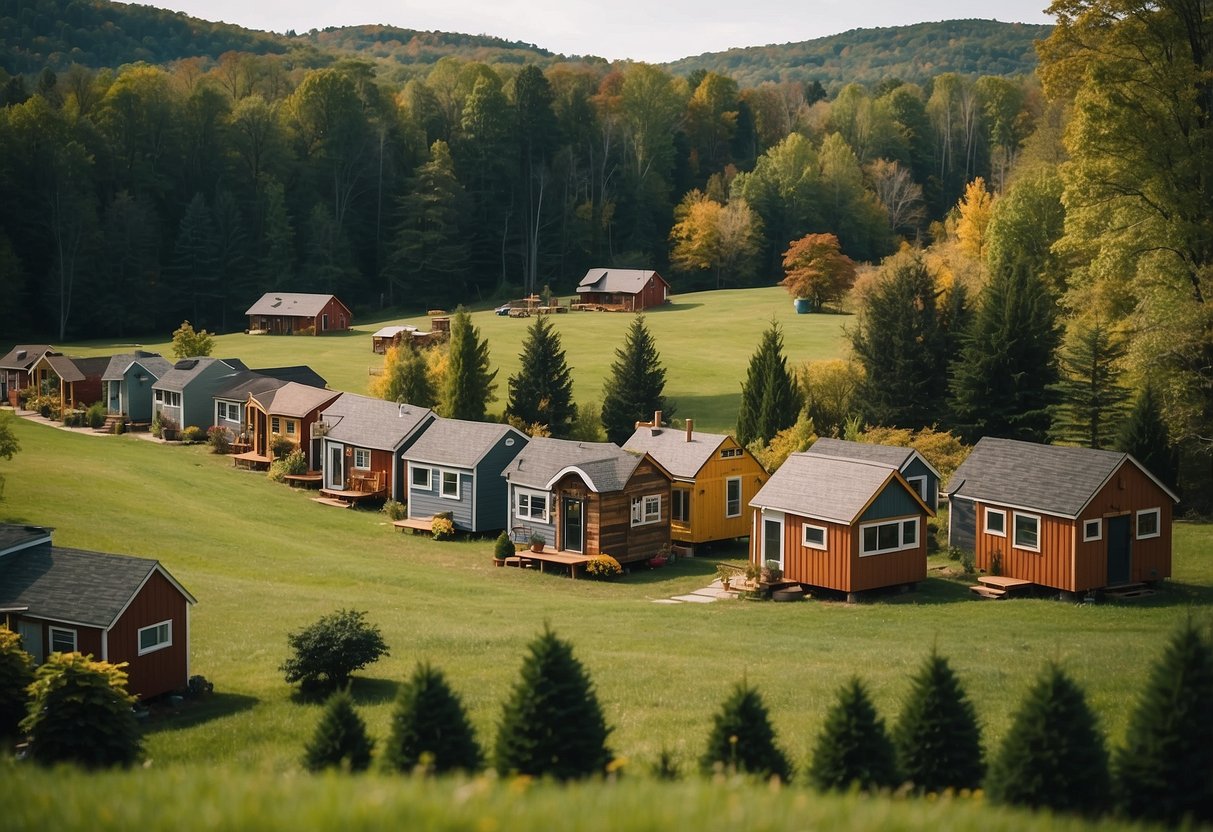A cluster of tiny homes nestled in a scenic Pennsylvania community, with residents engaged in various activities and communal gatherings
