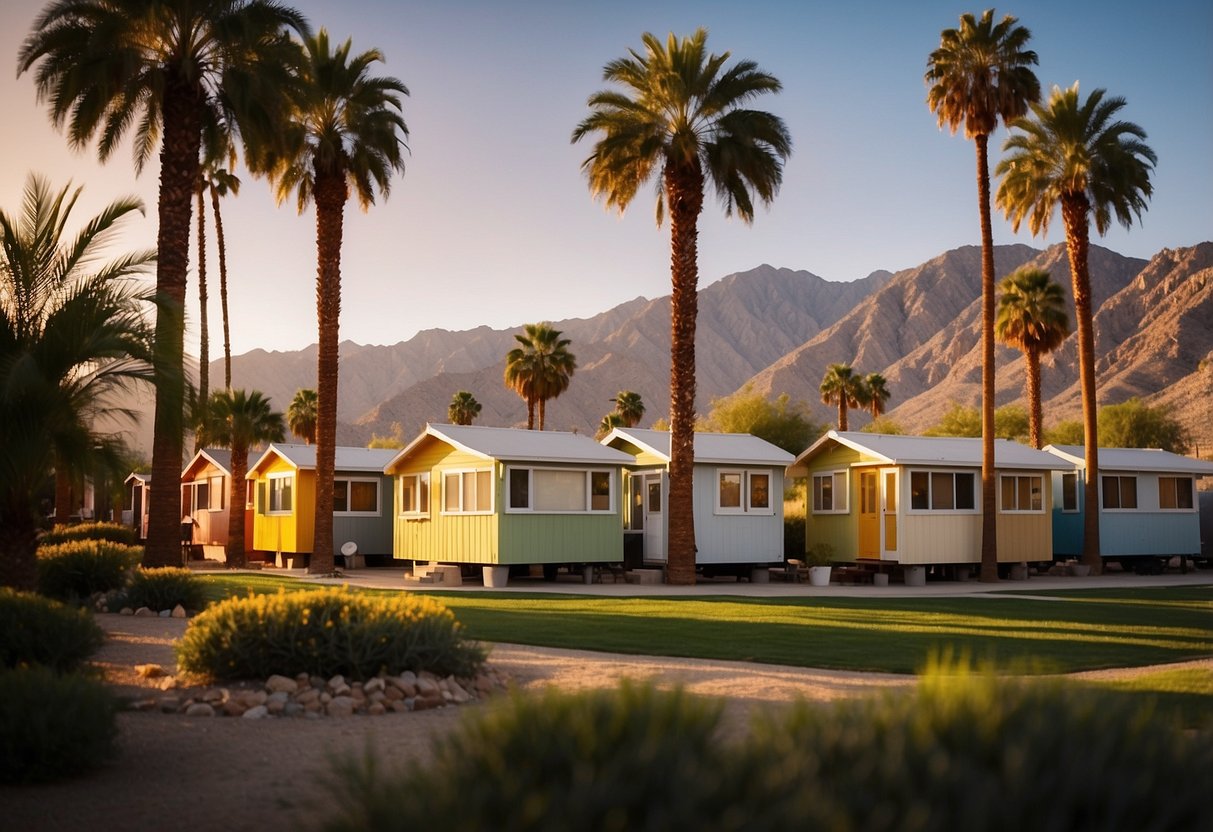 A row of colorful tiny homes nestled among palm trees in Palm Springs, CA. The sun sets behind the mountains, casting a warm glow over the community