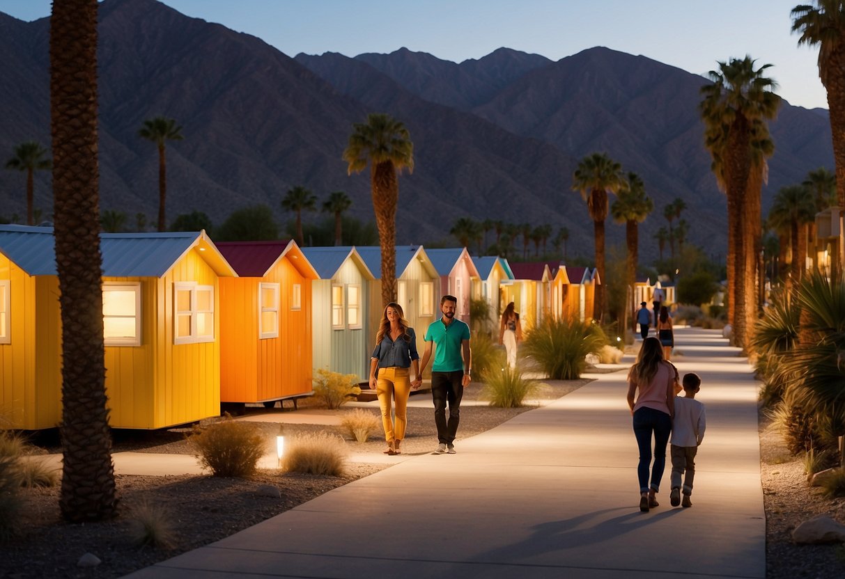 People stroll past colorful tiny homes in a Palm Springs community, surrounded by desert mountains and palm trees. The sun sets, casting a warm glow over the scene