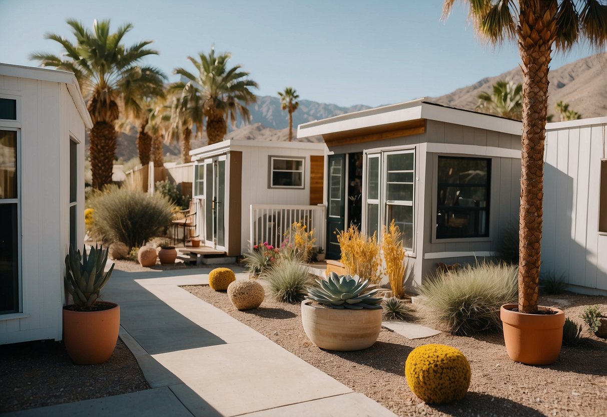 Palm Springs tiny home communities show diverse ownership and investment. The scene includes various tiny homes, communal spaces, and residents engaging in community activities