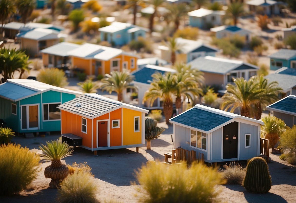A cluster of colorful tiny homes nestled among palm trees in a sunny Palm Springs community, with communal gathering spaces and desert landscaping