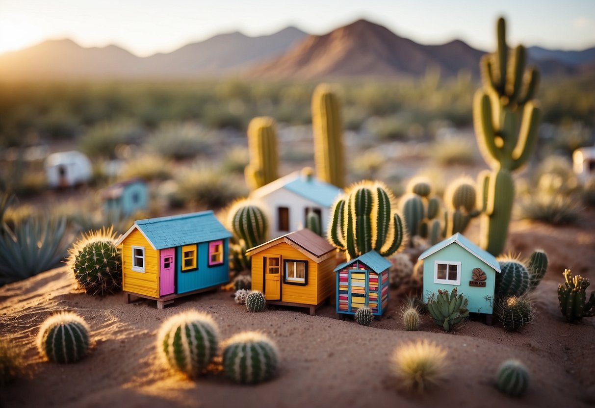 A cluster of colorful tiny homes nestled in the desert landscape of Phoenix, Arizona, with cacti and mountains in the background