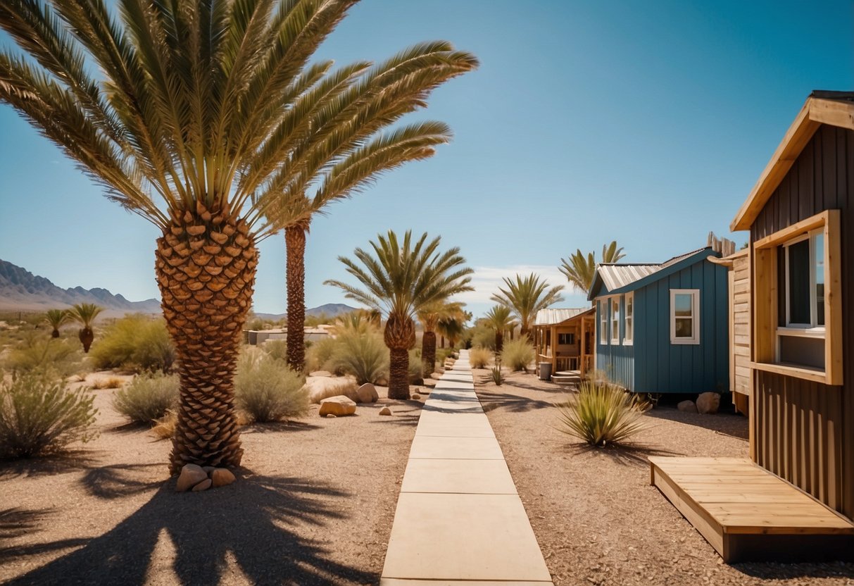People explore tiny home communities in Phoenix, Arizona. Tiny houses line a desert landscape under a clear blue sky. Palm trees sway in the breeze