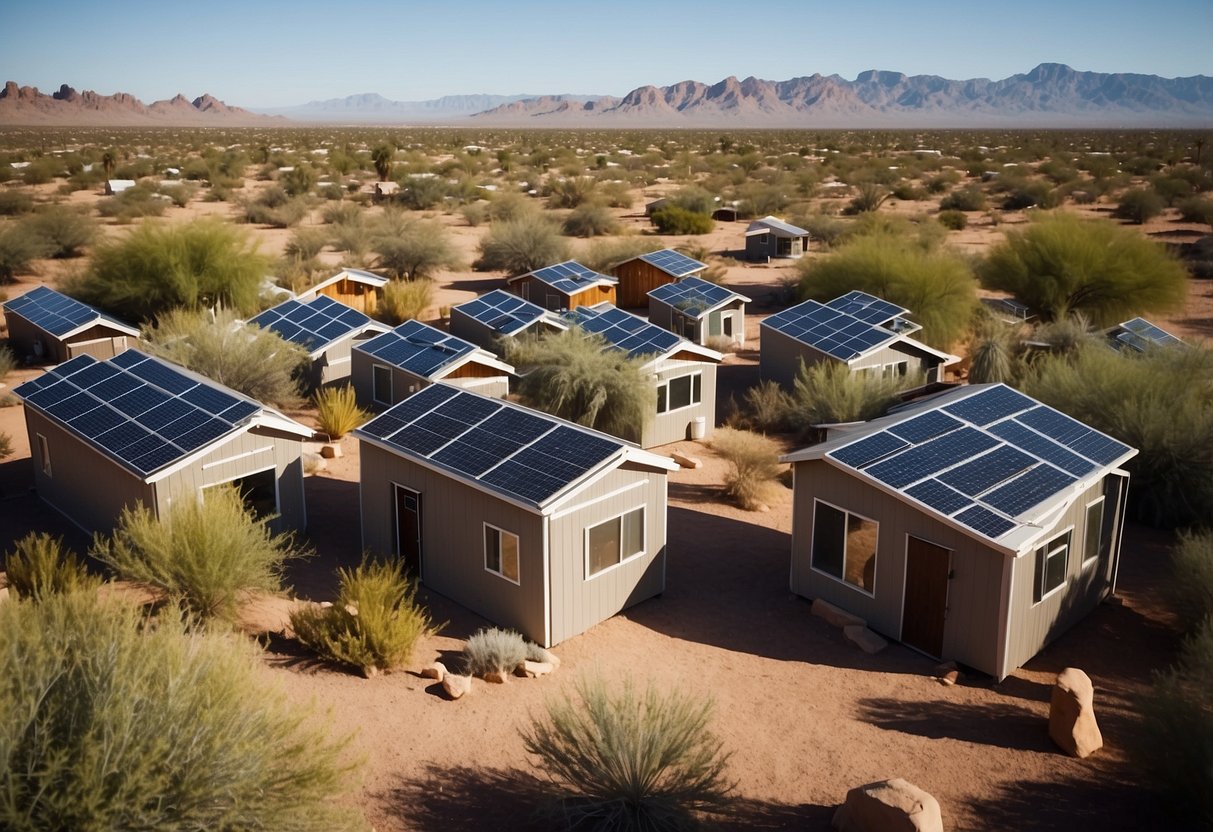 A cluster of tiny homes surrounded by desert landscape, with solar panels and communal gardens, showcasing sustainable living in Phoenix, Arizona
