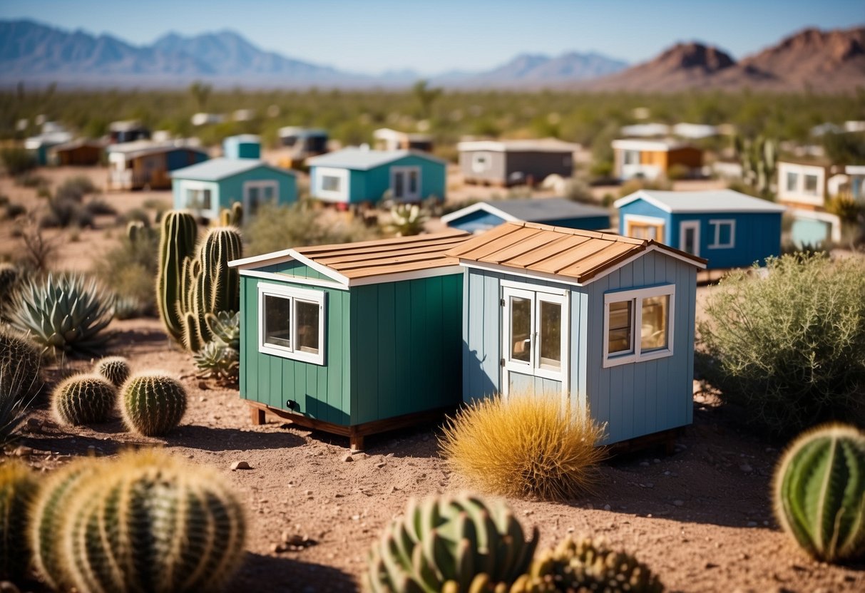 A cluster of tiny homes nestled in the desert landscape of Phoenix, Arizona. Cacti and succulents surround the community, with a clear blue sky overhead