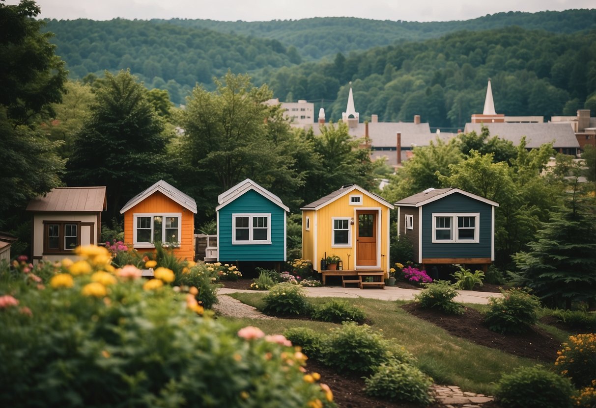 A cluster of colorful tiny homes nestled among lush trees in a bustling Pittsburgh neighborhood
