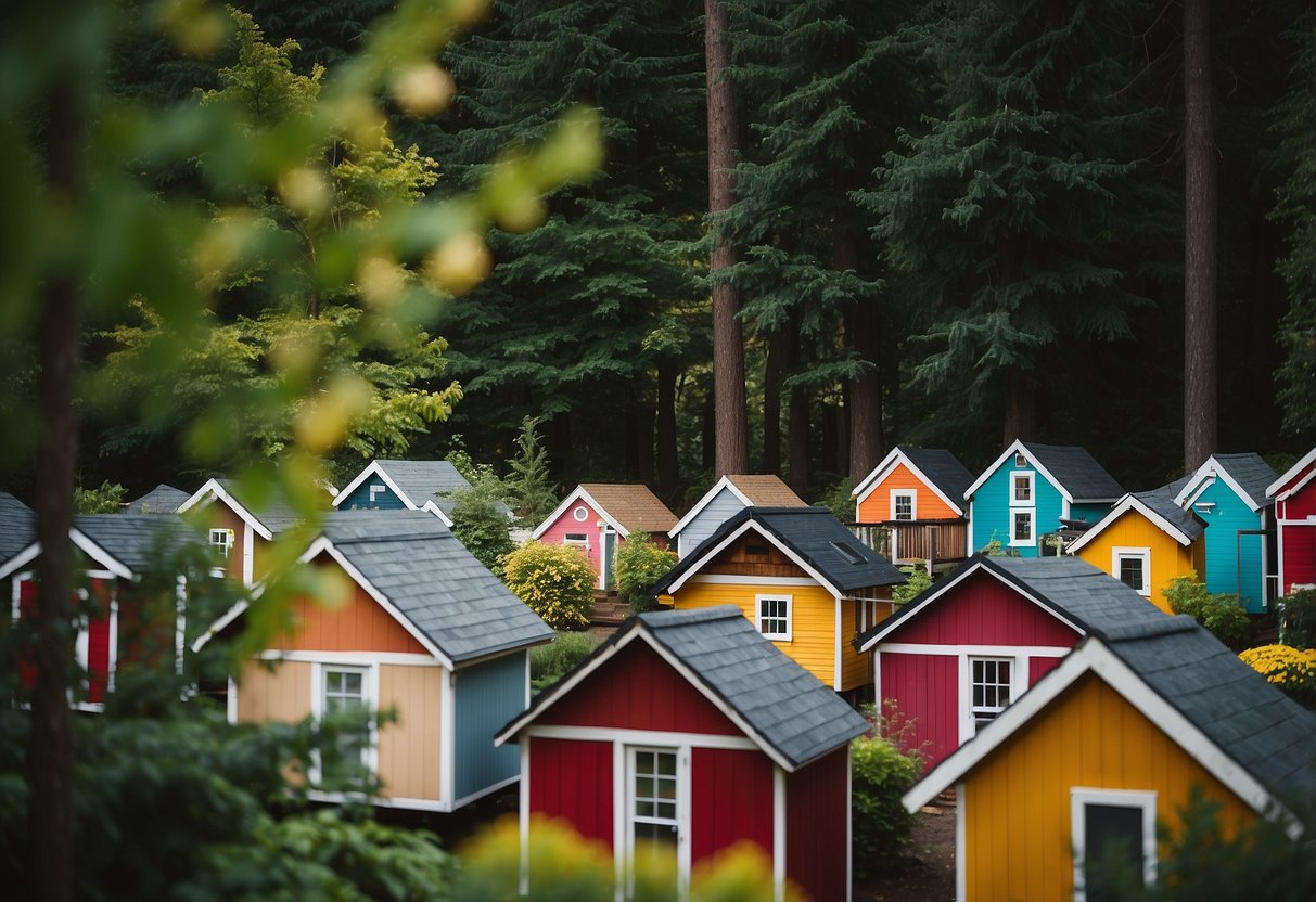 A cluster of colorful tiny homes nestled among tall trees in a Portland, Oregon community