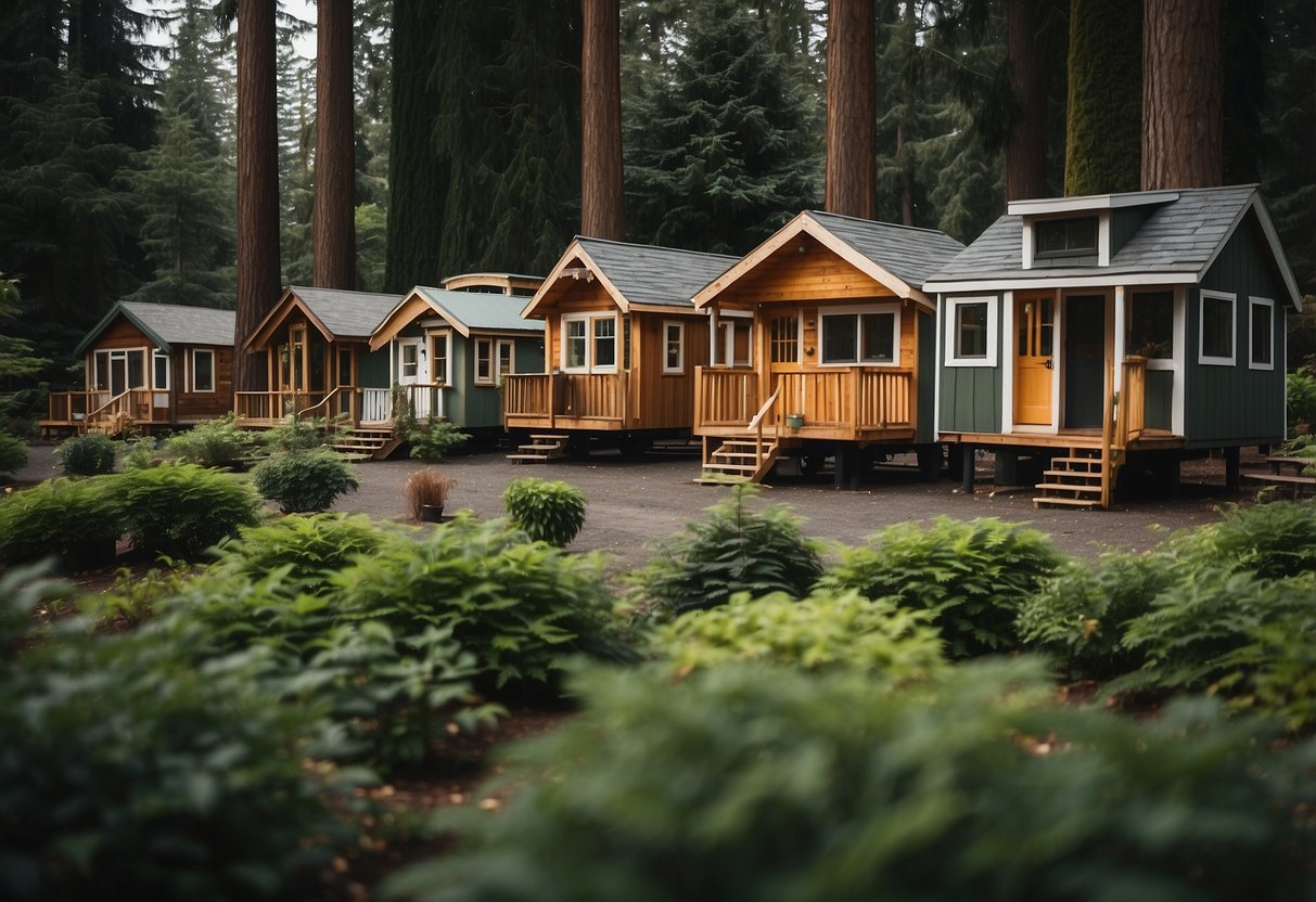 A cluster of tiny homes nestled among tall trees in a serene Portland community