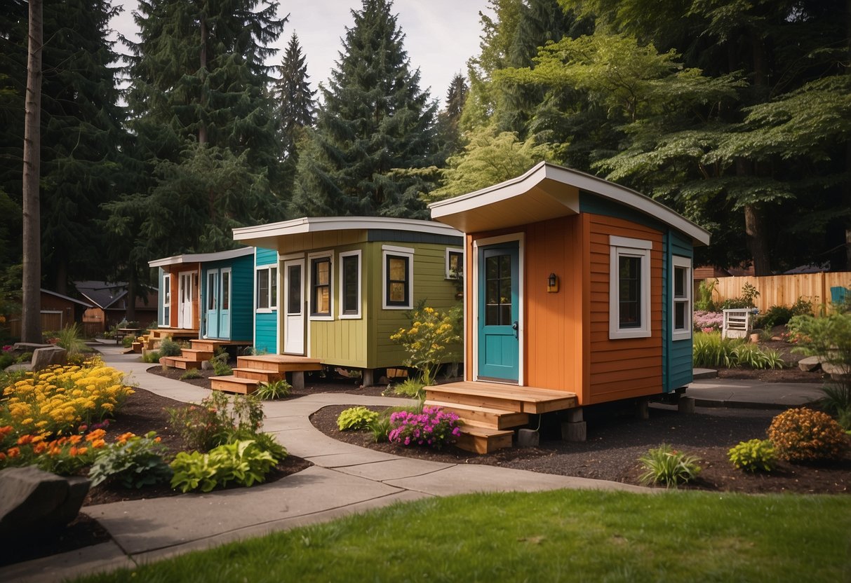 A cluster of colorful tiny homes nestled among towering trees in a vibrant Portland, Oregon community. Curving pathways and communal spaces create a cozy, welcoming atmosphere