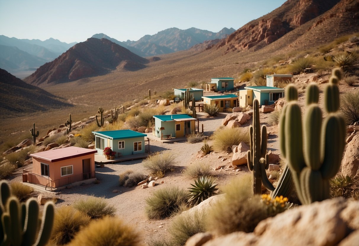 A cluster of small, colorful homes nestled among the desert landscape, with cacti and mountains in the background